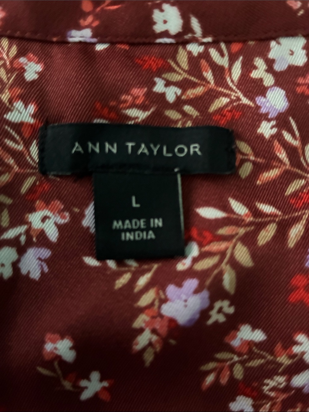 Ann Taylor Burgundy Floral Print Women’s Blouse, Size: Large, Long Sleeve